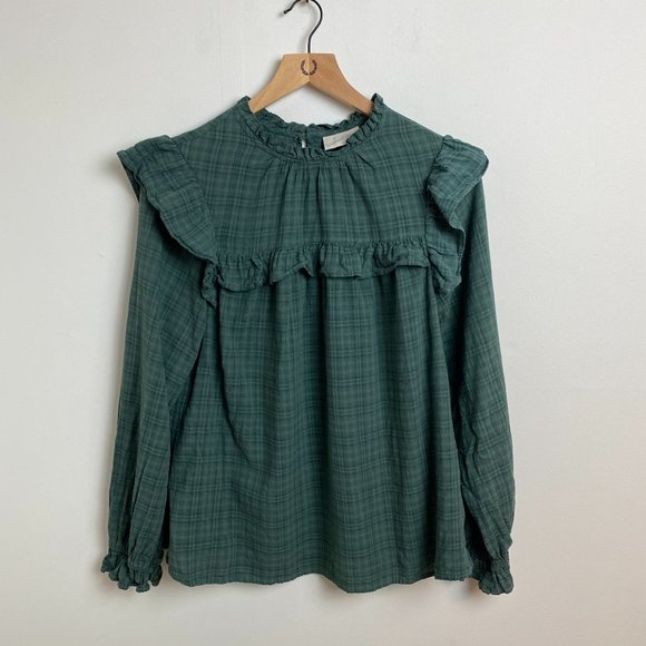 Universal Thread Tops - Universal Thread Target Green Ruffle Plaid Long Sleeve Top Sz L